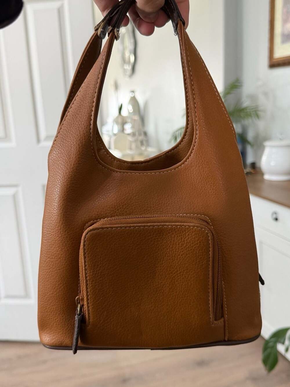 Vintage Nine West Tan Faux Leather Small Hobo Handbag with Zipper Pockets - Picture 1 of 6
